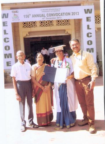 Nanditha Ravi with husband Vinod, mother Smt Rama Ravi and uncle Shri Shankar after receiving her doctorate
